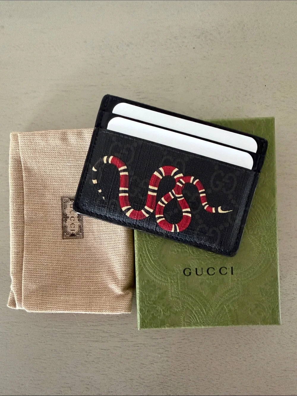 Gucci Black Leather Card Holder with Red & White Snake Motif